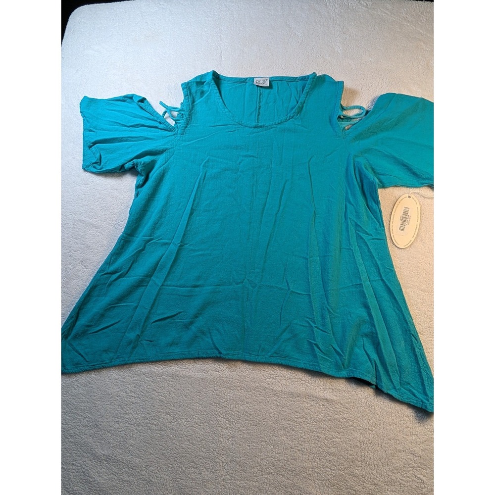 Oh My Gauze! Womens Cold Shoulder Top Turquoise Blue Cotton Gauze Size 3 /2x